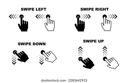 Swipe on left, right, down and up. Touch forefinger on phone. Scroll icon. Drag finger in screen. Vector set.