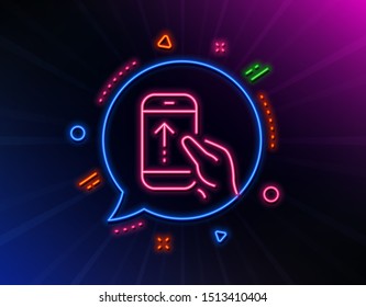 Swipe Up Phone Line Icon. Neon Laser Lights. Scrolling Arrow Sign. Landing Page Scroll Symbol. Glow Laser Speech Bubble. Neon Lights Chat Bubble. Banner Badge With Swipe Up Icon. Vector