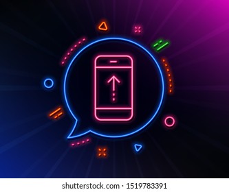 Swipe up phone line icon. Neon laser lights. Scrolling arrow sign. Landing page scroll symbol. Glow laser speech bubble. Neon lights chat bubble. Banner badge with swipe up icon. Vector
