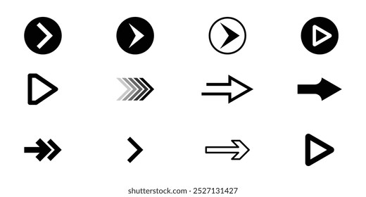 Conjunto de iconos de flecha derecha deslizante aislado sobre fondo blanco.