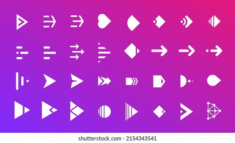 Swipe right button icon set. Application and social network scroll arrow pictogram for web design or app. Vector next direction white pointer ui interface element collection on gradient background