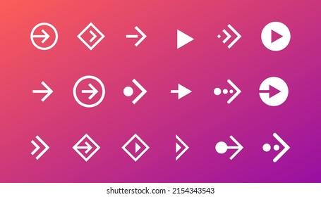 Swipe right button icon set. Application and social network scroll arrow pictogram for web design or app. Next direction white pointer ui interface element collection on gradient background. Vector