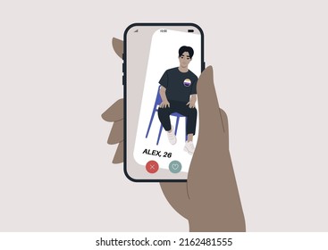 Swipe right, a dating app concept, a character wearing a non-binary flag
