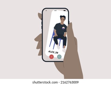 Swipe right, a dating app concept, a character wearing a non-binary flag