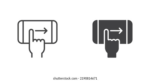Swipe right gesture icon. line and glyph version, outline and filled vector sign. Phone touchscreen swipe linear and full pictogram. Symbol, logo illustration. Different style icons set
