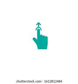 Swipe up or scroll  icon. Pointing hand with arrow up. Flat blue picrtogram isolated on white. touch screen button. 
