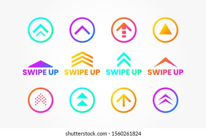 Swipe up set on white backdrop. Icons for social media or application. Colorful buttons collection. Color arrows and circles. Scroll web icons. Vector illustration.