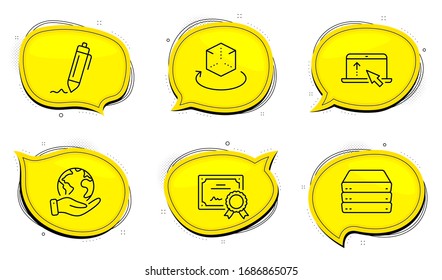 Swipe up sign. Diploma certificate, save planet chat bubbles. Signature, Augmented reality and Servers line icons set. Written pen, Virtual reality, Big data. Scroll screen. Business set. Vector