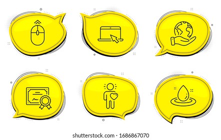 Swipe up sign. Diploma certificate, save planet chat bubbles. Friend, Portable computer and Fuel energy line icons set. Love, Notebook device, Petroleum. Scrolling page. Business set. Vector