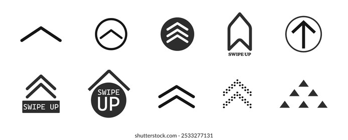 Swipe up slide arrow button, scroll ui icon. Interface simple sign, set of buttons for social media symbol. Swipe up, arrow up buttons