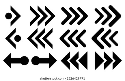 Ícone de seta para a direita deslizando ou deslizando. Rolar a tela para a direita ou esquerda. Conjunto de ícones de seta para esquerda, direita, para cima e para baixo ou de slide ou de rolagem. Ilustrador de vetor. 