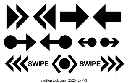 Ícone de seta para a direita deslizando ou deslizando. Rolar a tela para a direita ou esquerda. Conjunto de ícones de seta para esquerda, direita, para cima e para baixo ou de slide ou de rolagem. Ilustrador de vetor. 