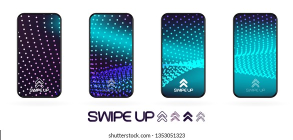 Swipe up smartphone futuristic abstract background set. Swipe up icon. Glowing  lines on smoky galaxy backdrop. Radiance.