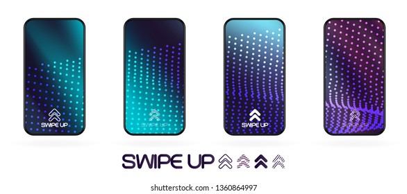 Swipe up smartphone futuristic abstract background set. Swipe up icon. Glowing  lines on smoky galaxy backdrop. Radiance.