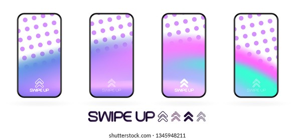 swipe up social app page template with arrows icon. abstract fluid gradient wavy backdrop vector mockup. Smartphone trendy bright colors techno futuristic background. High resolution best quality 