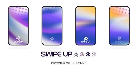 swipe up social app page template with arrows icon. abstract fluid gradient wavy backdrop vector mockup. Smartphone trendy bright colors techno futuristic background. High resolution best quality 