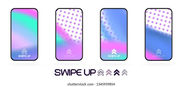 swipe up social app page template with arrows icon. abstract fluid gradient wavy backdrop vector mockup. Smartphone trendy bright colors techno futuristic background. High resolution best quality 