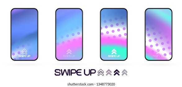 swipe up social app page template with arrows icon. abstract fluid gradient wavy backdrop vector mockup. Smartphone trendy bright colors techno futuristic background. High resolution best quality 