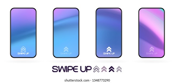 swipe up social app page template with arrows icon. abstract fluid gradient wavy backdrop vector mockup. Smartphone trendy bright colors techno futuristic background. High resolution best quality 