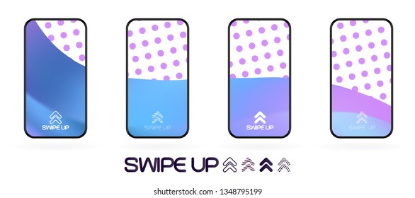swipe up social app page template with arrows icon. abstract fluid gradient wavy backdrop vector mockup. Smartphone trendy bright colors techno futuristic background. High resolution best quality 