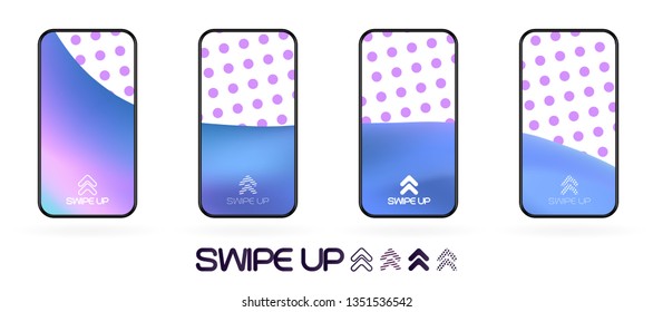 swipe up social app page template with arrows icon. abstract fluid gradient wavy backdrop vector mockup. Smartphone trendy bright colors techno futuristic background. High resolution best quality 
