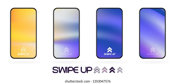 swipe up social app page template with arrows icon. abstract fluid gradient wavy backdrop vector mockup. Smartphone trendy bright colors techno futuristic background. High resolution best quality 