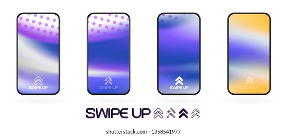 swipe up social app page template with arrows icon. abstract fluid gradient wavy backdrop vector mockup. Smartphone trendy bright colors techno futuristic background. High resolution best quality 