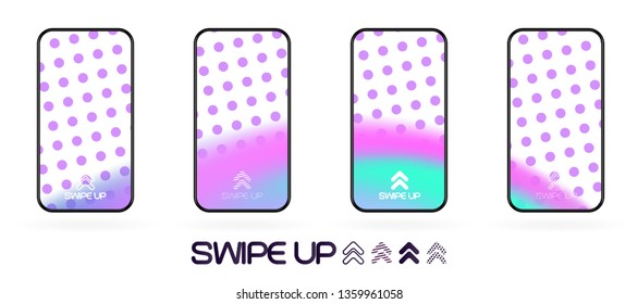 swipe up social app page template with arrows icon. abstract fluid gradient wavy backdrop vector mockup. Smartphone trendy bright colors techno futuristic background. High resolution best quality 