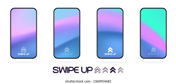 swipe up social app page template with arrows icon. abstract fluid gradient wavy backdrop vector mockup. Smartphone trendy bright colors techno futuristic background. High resolution best quality 