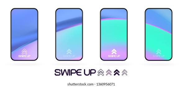 swipe up social app page template with arrows icon. abstract fluid gradient wavy backdrop vector mockup. Smartphone trendy bright colors techno futuristic background. High resolution best quality 