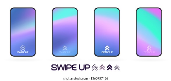 swipe up social app page template with arrows icon. abstract fluid gradient wavy backdrop vector mockup. Smartphone trendy bright colors techno futuristic background. High resolution best quality 