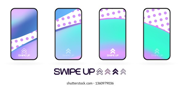 swipe up social app page template with arrows icon. abstract fluid gradient wavy backdrop vector mockup. Smartphone trendy bright colors techno futuristic background. High resolution best quality 