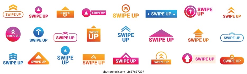 Swipe up stories arrows icons set. Set of colorful swipe up buttons encouraging users to swipe up for more content, promotions, or information