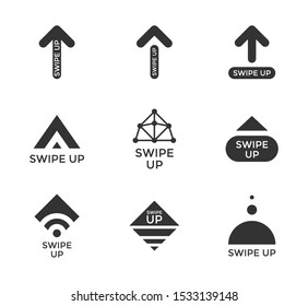 Swipe up story button icon set. Application and social network scroll arrow pictogram for fashion blogger stories or web UI design touch screen interface. Vector black style blog story illustration