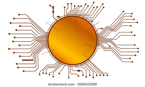Swipe SXP Kryptowährung Token Symbol des DeFi-Projekts im Kreis mit Leiterplatten auf goldenem Hintergrund. Geldbeutel-Symbol. Dezentralisierte Finanzierungsprogramme. Vektor EPS10.