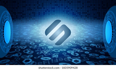 Swipe SXP token symbol of the DeFi system shining in the rays of light. Cryptocurrency logo icon. Decentralized finance programs. Vector EPS10.