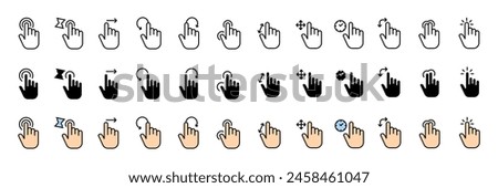 Swipe symbols icon collection. Hand buttons. Linear, silhouette and flat style. Vector icons