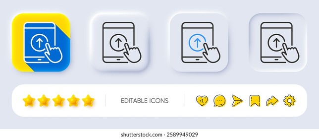 Swipe up tablet pc line icon. Neumorphic, Flat shadow, 3d buttons. Scrolling arrow sign. Landing page scroll symbol. Line swipe up icon. Social media icons. Vector