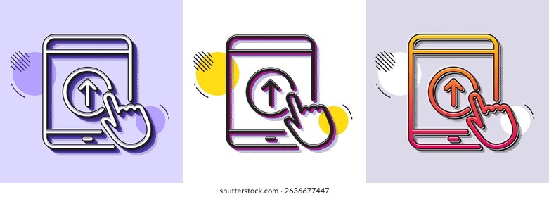 Swipe up tablet pc line icon. Halftone dotted pattern. Gradient icon with grain shadow. Scrolling arrow sign. Landing page scroll symbol. Line swipe up icon. Various designs. Vector