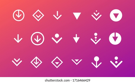 Swipe top down or download icon scroll pictogram set isolated for blogger web ui ux design. Vector white arrow bottom for application and social network website. Simple gradient button illustration