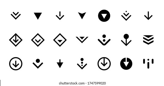 Swipe Top Down Or Download Icon Scroll Pictogram Set Isolated For App Web Ui Ux Design. Vector Black Arrow Bottom For Application And Social Network Website. Eps Simple Button Illustration