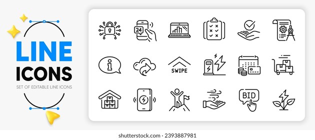 Swipe up, 24h service and Divider document line icons set for app include Rule, Bid offer, Charging station outline thin icon. Approved, Wholesale goods, Security lock pictogram icon. Vector