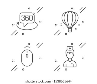 Swipe up, Air balloon and 360 degree line icons set. Doctor sign. Scrolling page, Sky travelling, Virtual reality. Medicine person. Science set. Line swipe up outline icon. Vector