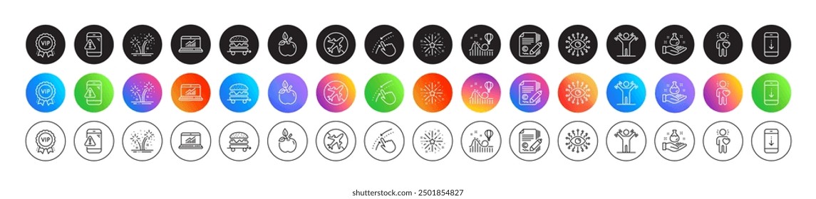 Swipe up, Airplane mode and Friend line icons. Round icon gradient buttons. Pack of Chemistry lab, Food delivery, Eco food icon. Fireworks, Artificial intelligence, Online statistics pictogram. Vector