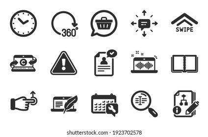 Swipe up, Algorithm and Copyright laptop icons simple set. Copywriting notebook, Sms and 360 degrees signs. Drag drop, Book and Shopping cart symbols. Flat icons set. Vector