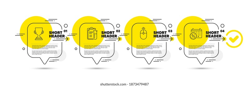 Swipe up, Award cup and Medical analyzes line icons set. Timeline infograph speech bubble. Calendar discounts sign. Scrolling page, Trophy, Medicine results. Shopping. Business set. Vector