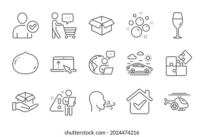 Swipe up, Breathing exercise and Opened box line icons set. Buyer think, Clean bubbles and Car travel signs. Medical helicopter, Puzzle and Macadamia nut symbols. Line icons set. Vector