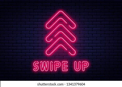 Swipe up, button for social media. Neon style arrow, button and web icon for advertising and marketing in social media application. Scroll or swipe up