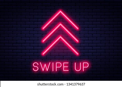 Swipe up, button for social media. Neon style arrow, button and web icon for advertising and marketing in social media application. Scroll or swipe up