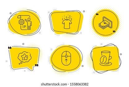 Swipe up, Cash and Coffee cup signs. Chat bubbles. Settings blueprint, Dry t-shirt and Ranking stars line icons set. Engineering cogwheel, Laundry shirt, Winner award. Scrolling page. Vector